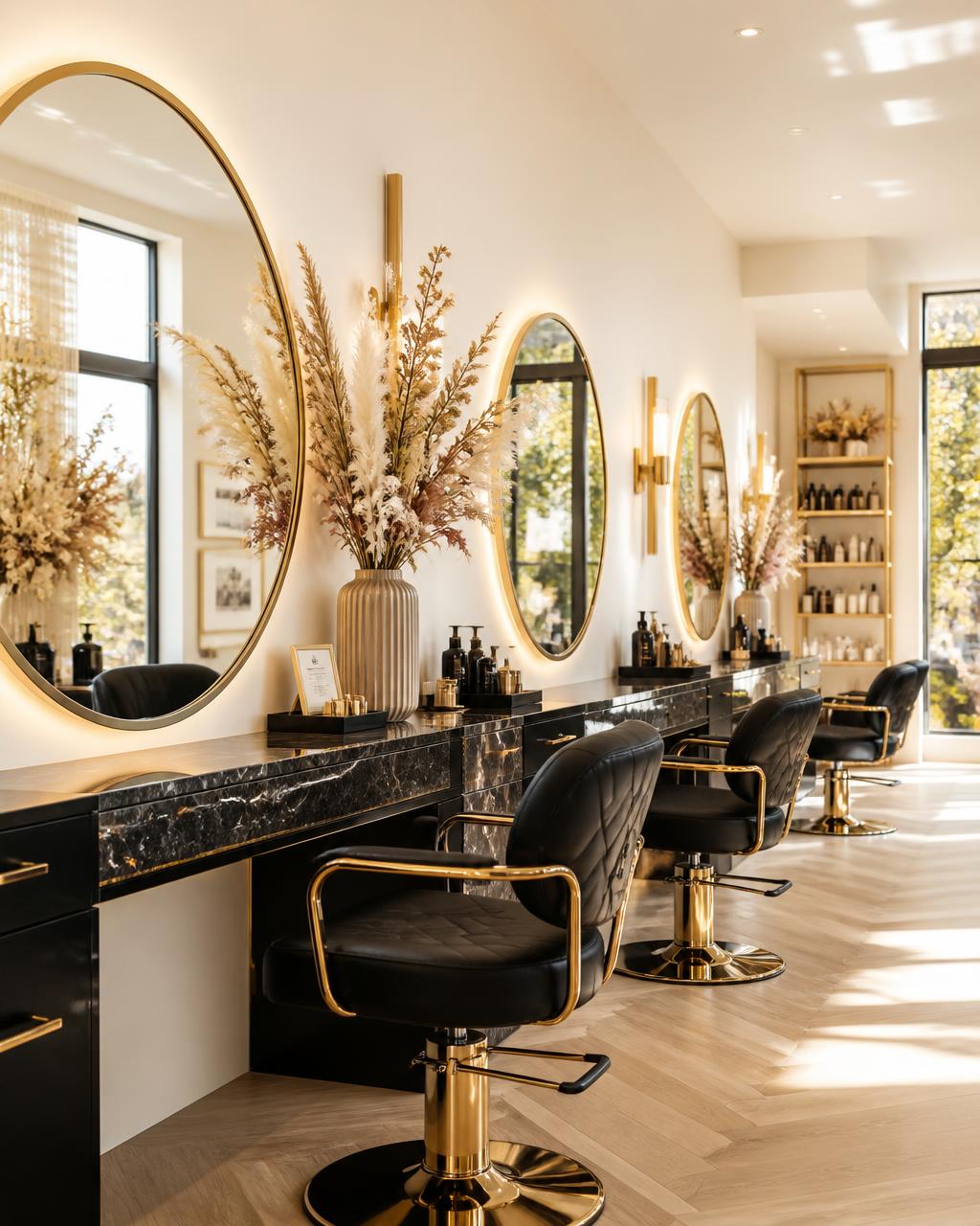 Interior luminoso da barbearia Nuno Barbearia com espelhos dourados e estações de beleza